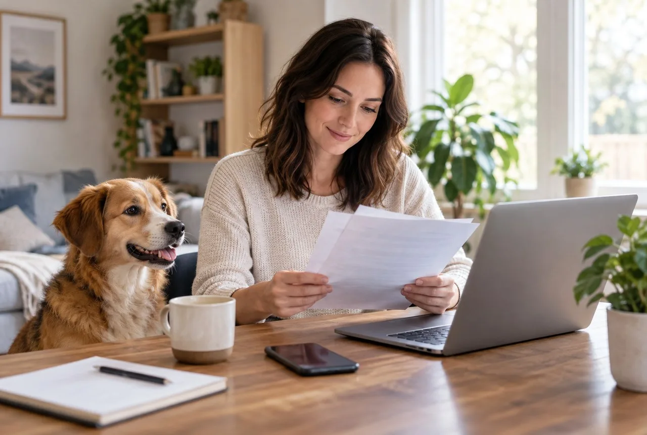 Woman reviewing papers beside a laptop and a brown-and-white dog